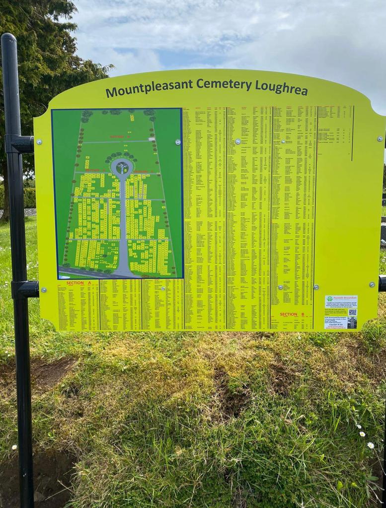 Mount Pleasant cemetery Loughrea debut map marking burial plots