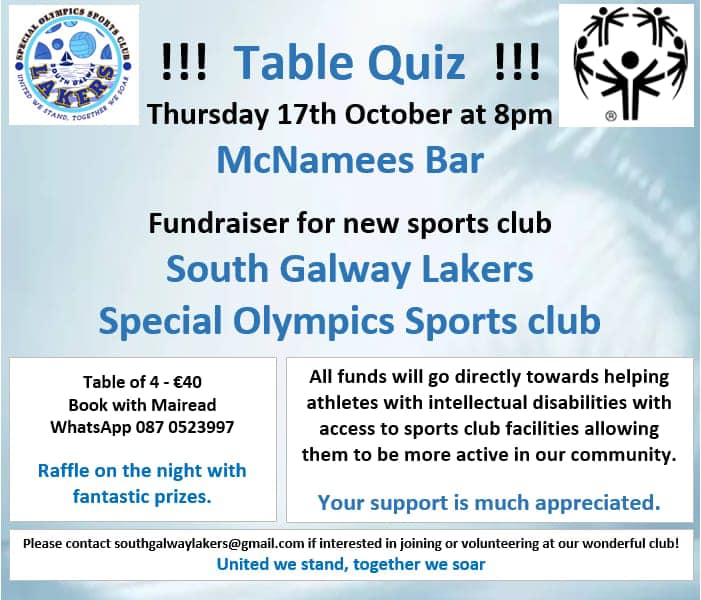 McNamees Tablequiz for South Galway Lakers Special Olympics Sports Club